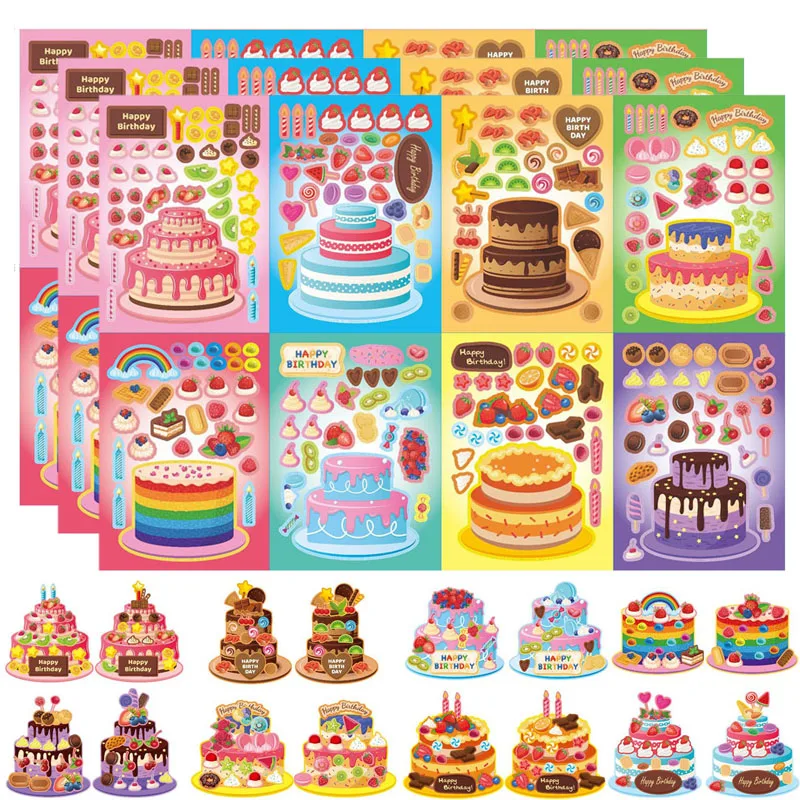 Make Your Own Birthday Cake Kids DIY Stickers Puzzle Crafts Assemble Decorate Cake Stickers Sheet Children Boys Girls Party Toys