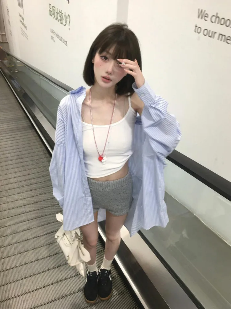 Bleu décontracté rayure longue Sve irt femmes été coréen Sle Protection solaire haut Faionable polyvalent coupe ample Ne