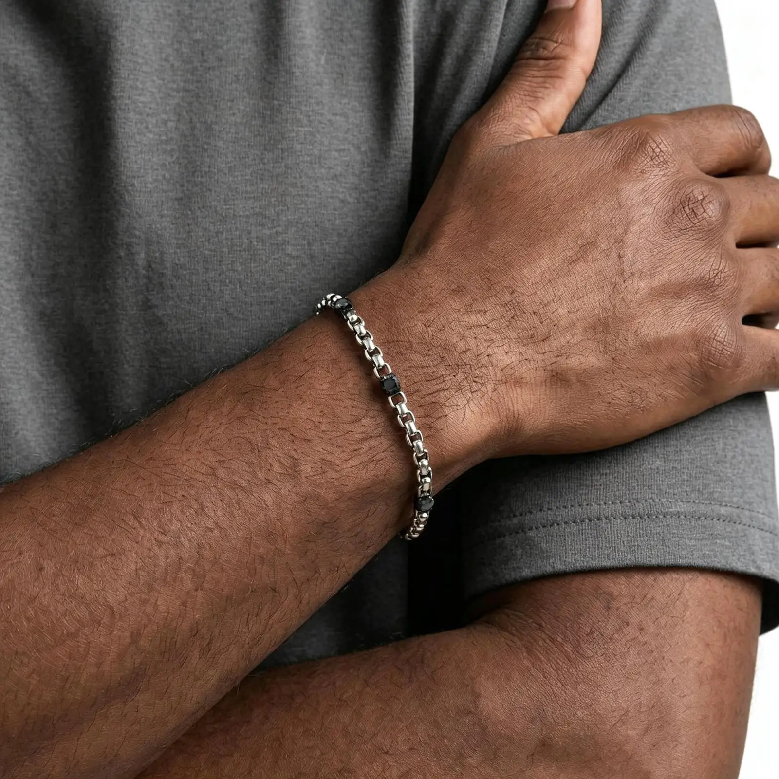 Trendiges schwarzes Steinarmband für Männer, verstellbares Edelstahl-Kastenkettenarmband, Hip-Hop-Schmuck, einfaches Geburtstagsgeschenk. – Detail 4