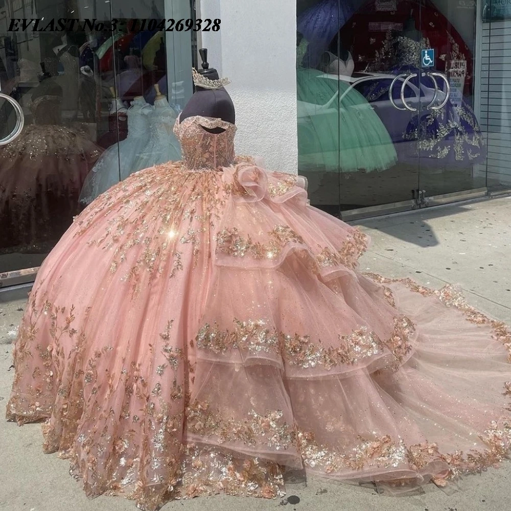 

EVLAST Customized Pink Quinceanera Dress Ball Gown Gold Sequins Applique Beading Tiered Sweet 16 Vestidos De 15 Anos E3Q130