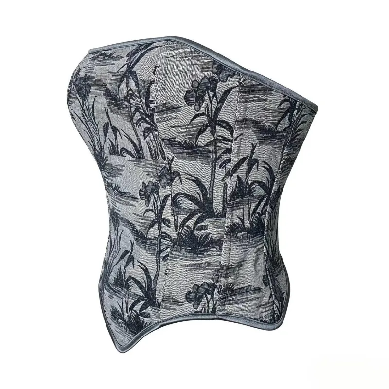 Women Strapless Corset Bustier Vintage Landscape Print Tube Top Sexy Backless Boned Crop Top for Summer Vacation