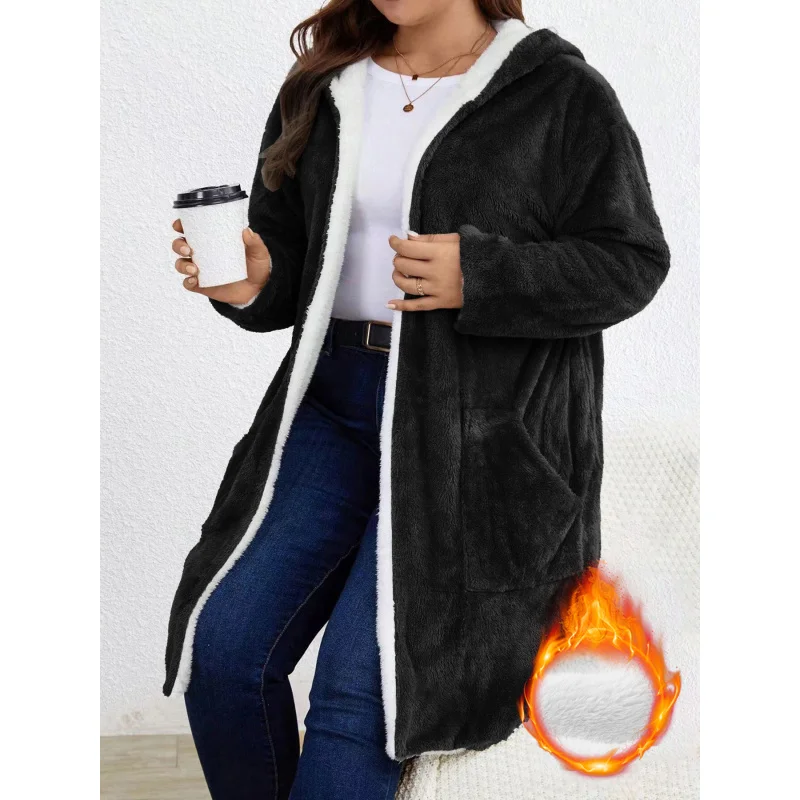 Plus Size Women Fuzzy Fleece Hooded Long Cardigan Open Front White Lined Plush Coat With Pockets Casual Warm Winter Outerwear