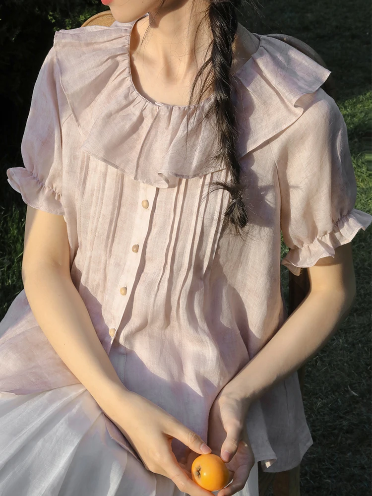 

Женская свободная блузка Nesoulum с воротником-стойкой и рукавами-фонариками, розово-фиолетовая, летняя, в стиле ретро, с художественным дизайном