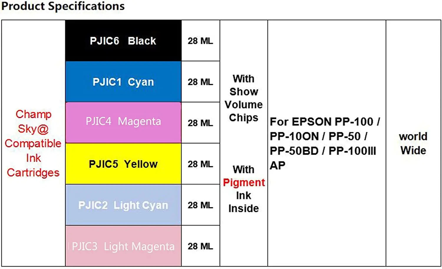 PJIC1-PJIC6 Ink Cartridge  Compatible For Epson PP100 PP50 PP100N PP50BD Printer