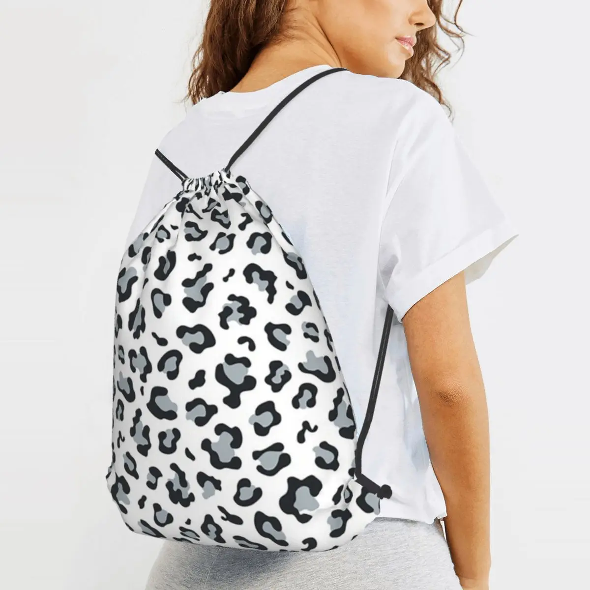 Snow Leopard Print Backpacks Multi-function Drawstring Bundle Pocket Shoes Bag Book Bags for Travel School