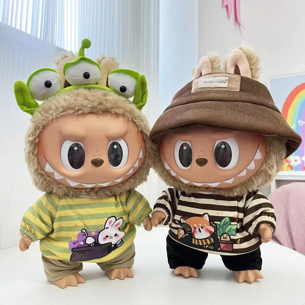 For 38Cm Labubu outfit vinyl plush doll clothes for Korea Kpop Exo Labubu doll clothes striped animal shirt set