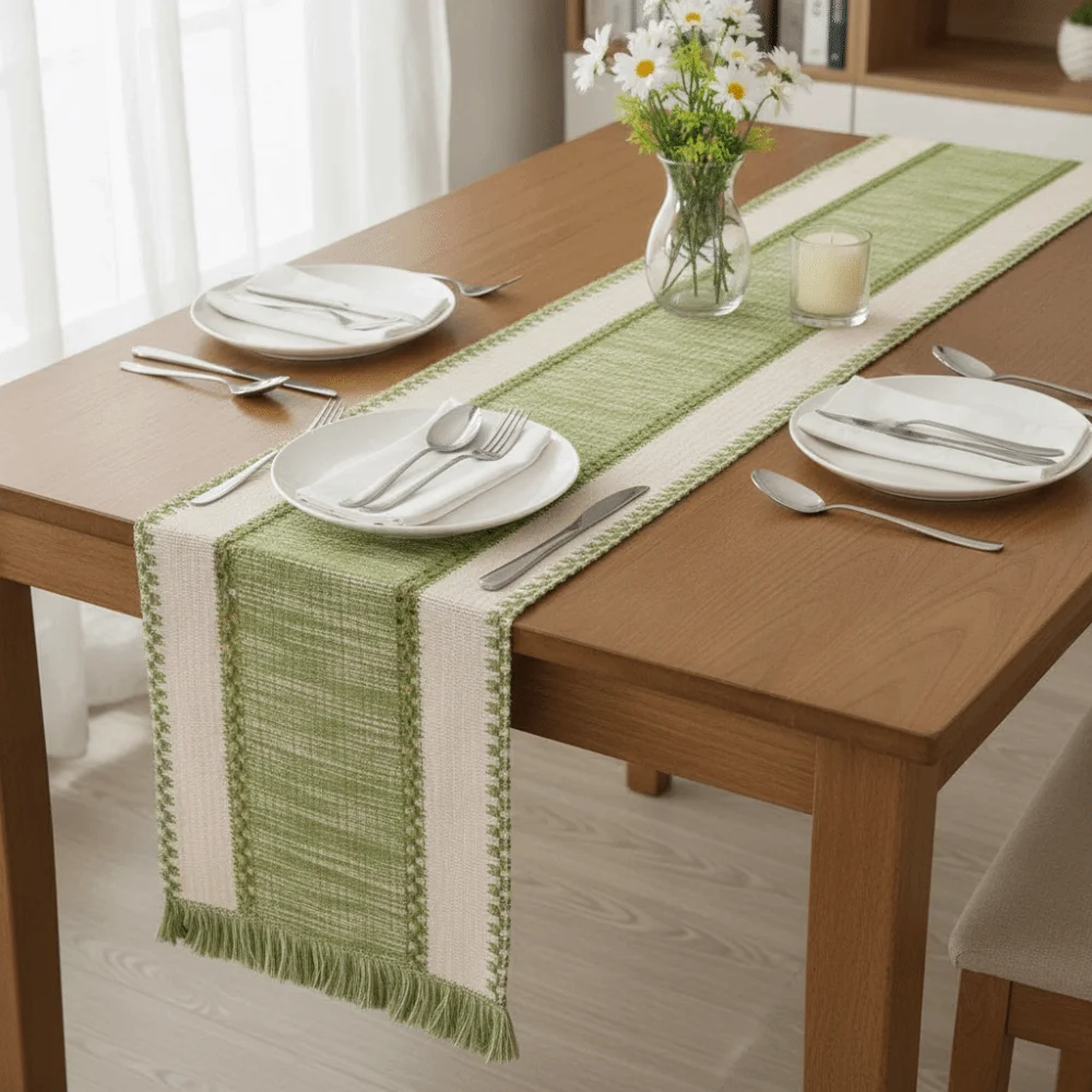 Splicing Color Farmhouse Table Runner with Gradient Tassel Non-slip Long Tablecloth Rectangular Stain-resistant Table Cover