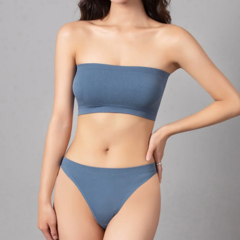 Women Seamless Bra And Panties Set Strapless Tube Bra Female High Leg Cut Underwear Sexy Lingerie Solid Bandeau Bra Top Suit