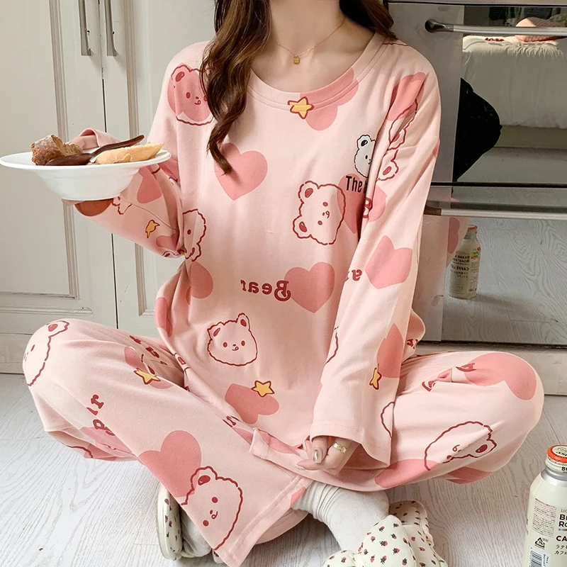 Bear Love Heart Women Pajamas Set Cute Kawaii Sleepwear Long Sleeves Long Pants Autumn Winter Pullover Pyjamas Ladies Pijamas