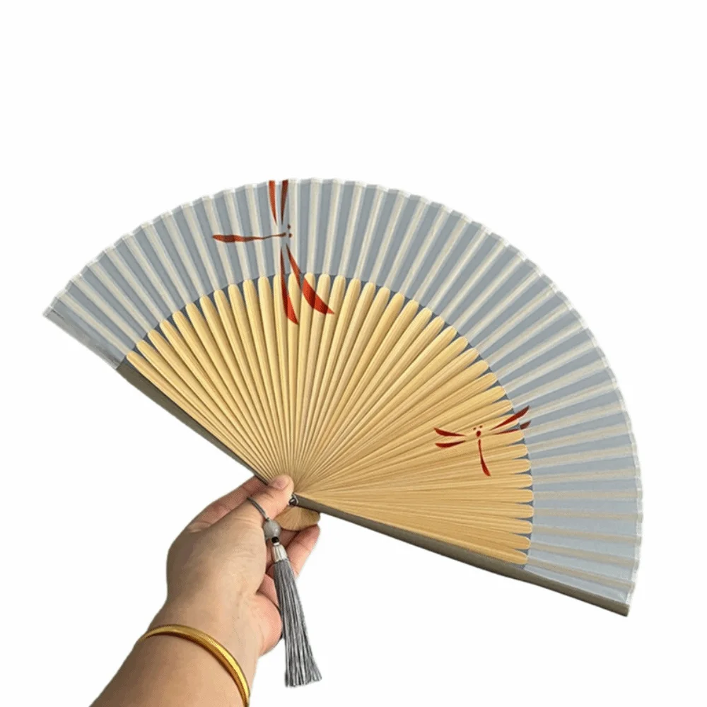 Chinese Style Folding Hand Fan Bamboo Frame with Tassel Retro Handheld Fan Handmade Hand-painted Women's Dance Fan Home Use