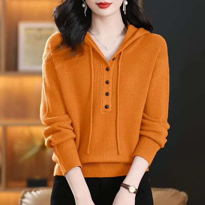 

Осенне-зимний вязаный свитер с капюшоном и короткими рукавами, свободный топ