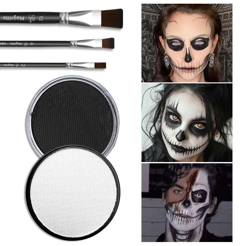 5pcs Black&Clown White 30g Paint Set with 3 Brushes,Water Based SFX Makeup Palette for Skull,Witch,Goth,Vampire,Cosplay,Make Up