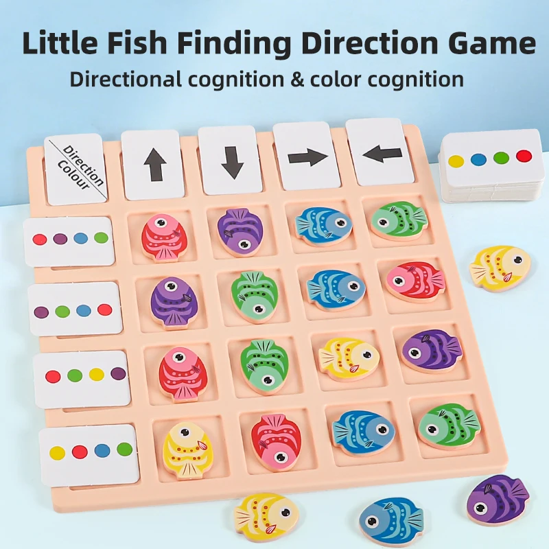 Little Fish Direction-Finding Board Game, a Base, 20 Small Fish and Multiple Color Recognition Cards, an Animal-Themed Toy Suitable for Color Recognition, Logical Thinking Training, and Parent-Child Interaction