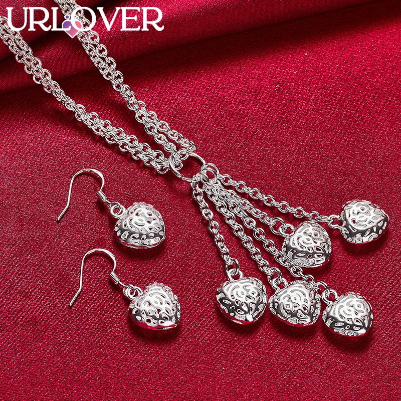

URLOVER 925 Sterling Silver Hollow Heart Chain Necklace Earring Set For Woman Party Birthday Wedding Fashion Charm Jewelry Gift