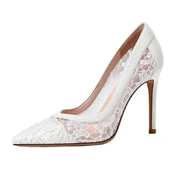 Size 31 To 44 White Lace Wedding Shoes High Heels Thin Heel Large Size Women Bride Shoes Pumps Stiletto