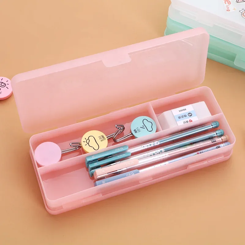 Transparent frosting Large Capacity Pencil Case Kawaii Double-deck Plastic Pencilcase School Pen Case Supplies Pencils Pouch