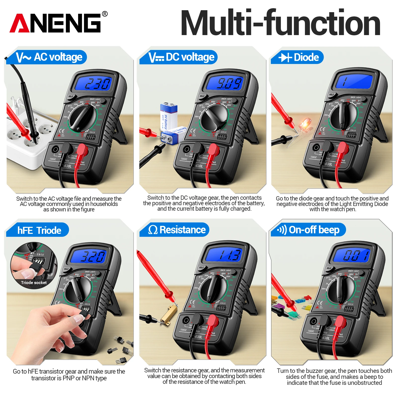 ANENG XL830L LCD Backlight Multimeter 1999 Counts 600V AC/DC Voltage DC 10A Current Resistance Diode HFE Detector with Data Hold gallery 4
