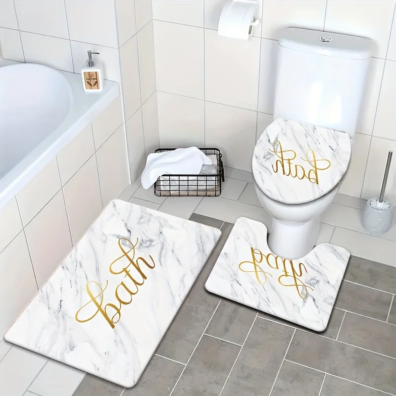 Marble Design 3-Piece Bathroom Set with Bath Mat, Toilet Lid Cover, and Contour Rug - Hand Washable, Square Shape, Lightweig