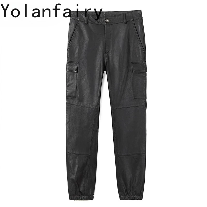 YOLANFAIRY Top Layer Cowhide Trousers for Man Loose Casual Pants Motorcycle Clothing Fashion Black Pants Men Small Foot Pants