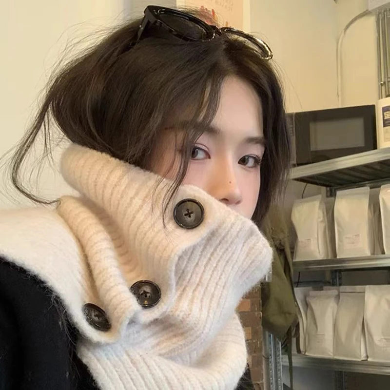 

Winter Thicken Neck Warmer Cashmere Knitted Scarves Soft Pashmina Shawls Wraps Detachable Collar Female Retro Button Scarf