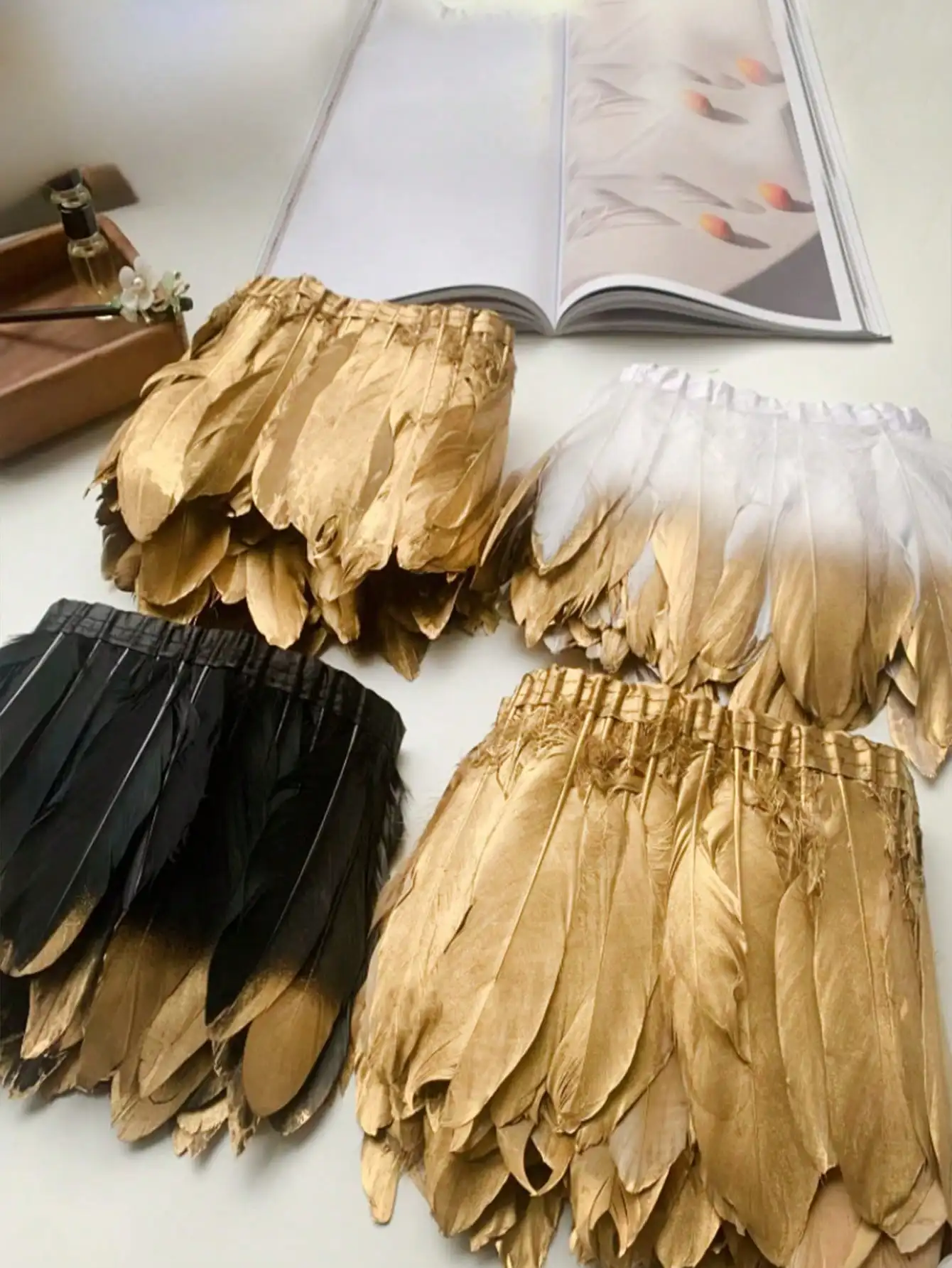 Gold Sprayed Goose Feather Trim, 1.09 Yards (6–8 Inch Wide), Fabric-Edged | 4 Bohemian & Costume Design Styles | No-Sew DIY Ribb