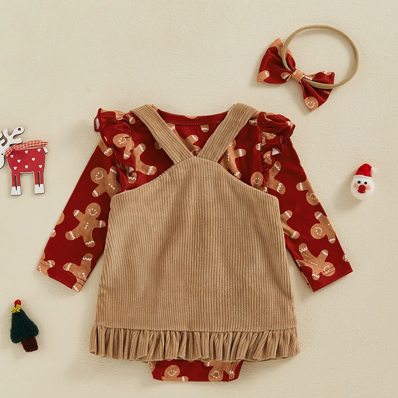 Lioraitiin Baby Girl Christmas Outfits Deer/Gingerbread Man Print Romper Corduroy Overalls Dress Headband 3Pcs Clothes Set