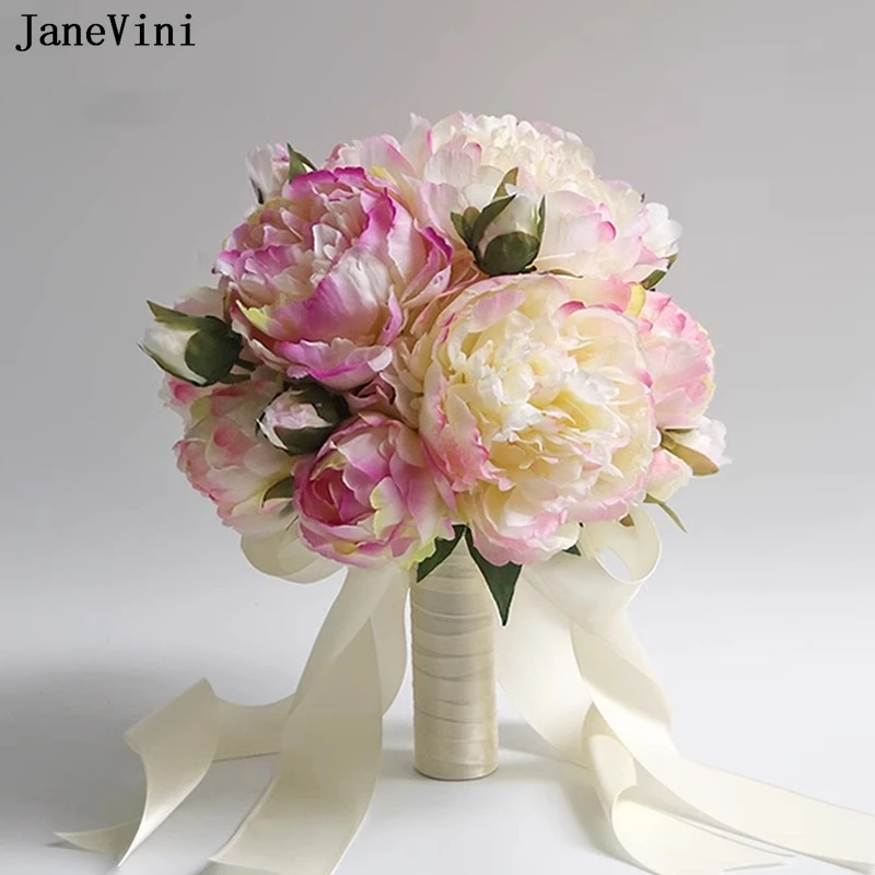 JaneVini 2025 Elegant Korean Pink Peony Bridal Bouquets Artificial Silk Roses Bride Holding Flowers Bouquet Wedding Accessories