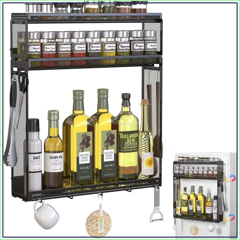 

3 Tier Magnetic Spice Rack for Refrigerator with 9 Hooks, Space-Saving Metal Organizer for Ferrous Metal Surfaces