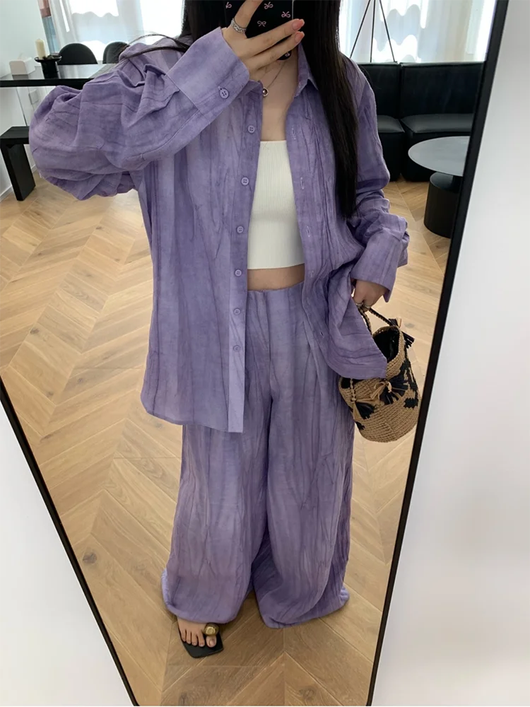 Autumn 2024 Two Piece Suit High Waist Wide Leg Pants New Lapel Long Sleeve Purple Blouses Loose Fit Women Fashion Suits