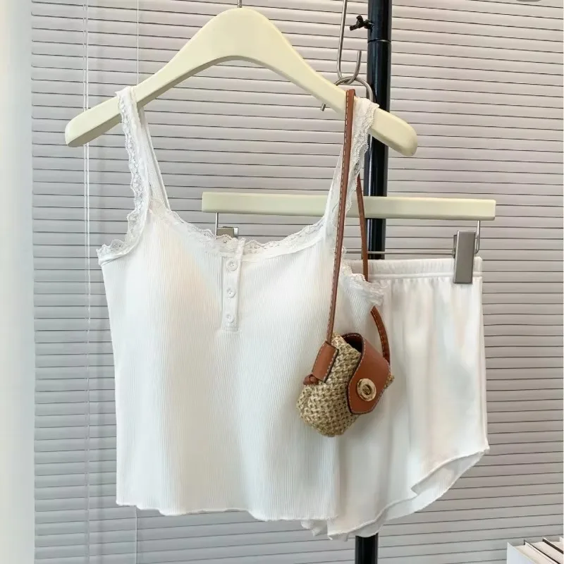 

Women Sleepwear with Chest Pad solid Pajamas Sets Summer sleeveless Sling Shorts Set Sweet Lace Sexy Homewear Shorts Suit 2025