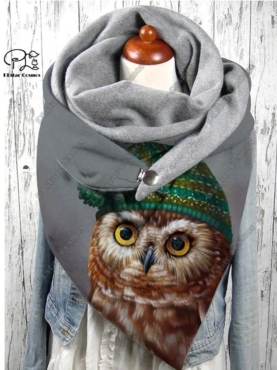 PLstar Cosmos 3D printed animal series cute owl pattern printed warm shawl scarf spring and winter large triangle scarf M-1