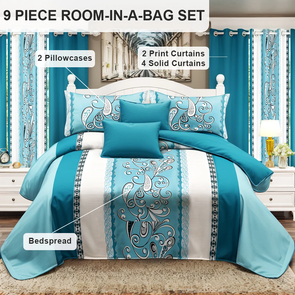 Blue & White Boho 9Pcs Bedding Set Microfiber Bedspread 2 Printed Curtains 4 Solid Curtains 2 Pillowcases Bohemian Home Decor