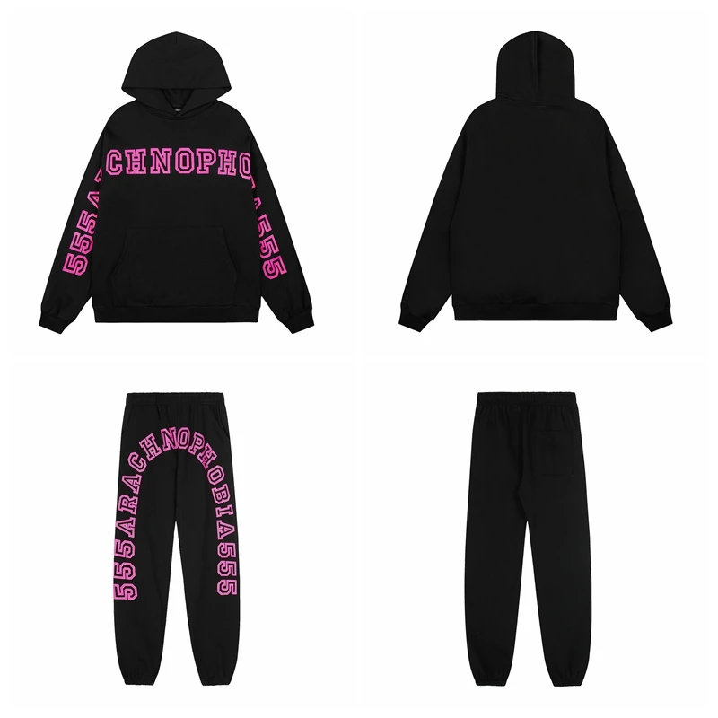 

Комплект: худи с принтом цвета розовой розы и повседневные спортивные брюки. Уличный стиль, осенний, с длинными рукавами, молодежный, модный спортивный костюм.