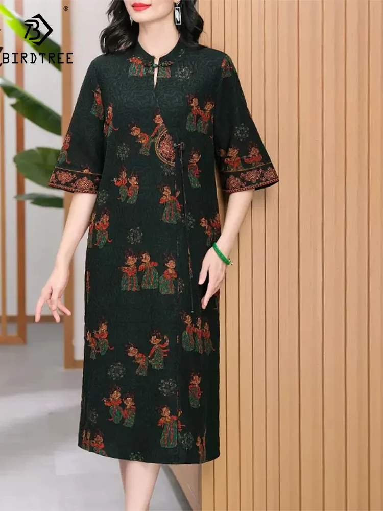 

BirdTree, Watered Gauze, 100% Silk Chinese Dresses, Women's Cartoon Half Sleeve, Mom Oversize Cheongsam, 2024 Summer D44945QM