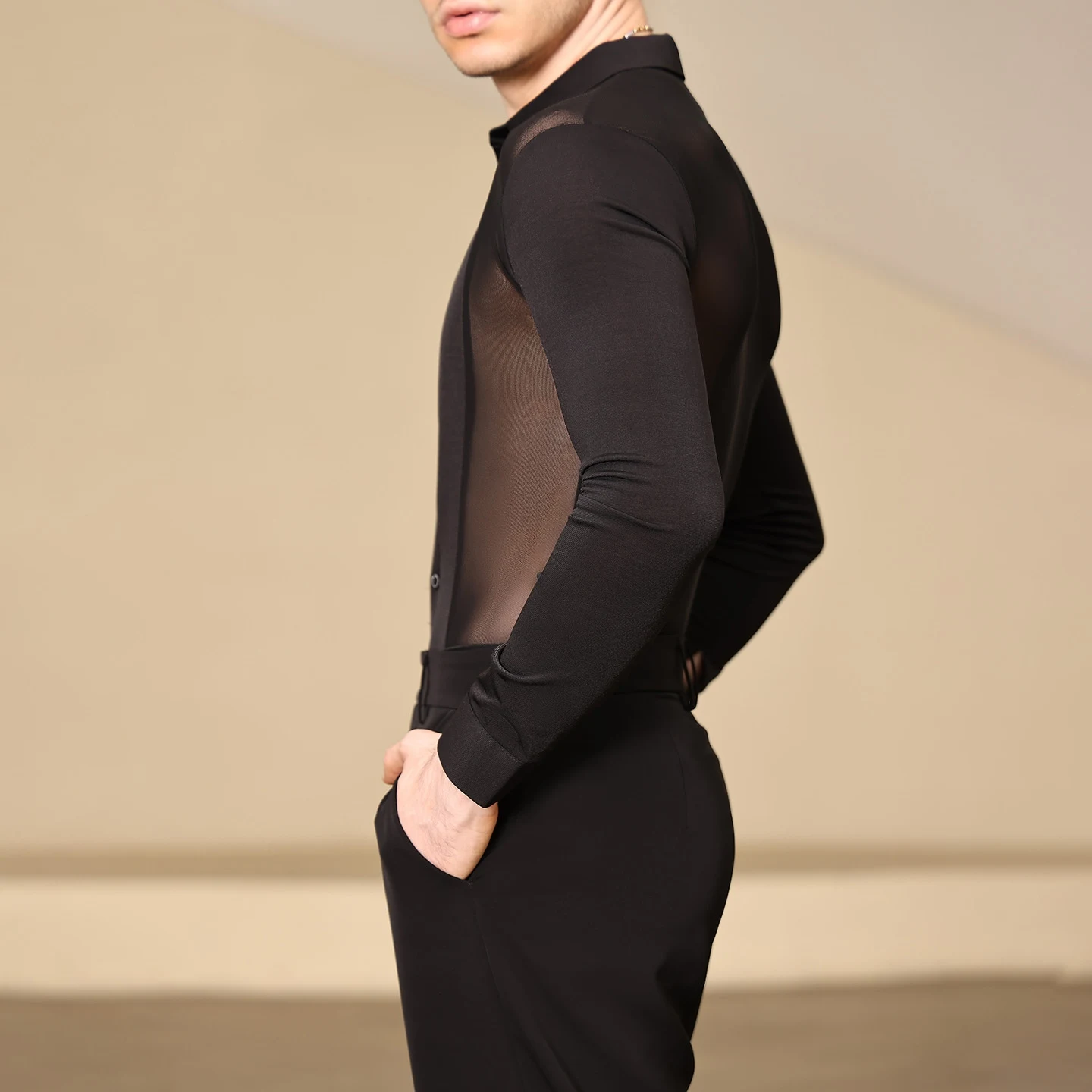 Adulte mâle vêtements de danse latine hommes maille épissage hauts noirs Salsa Rumba salle de bal danse compétition vêtements pratique haut BL16719