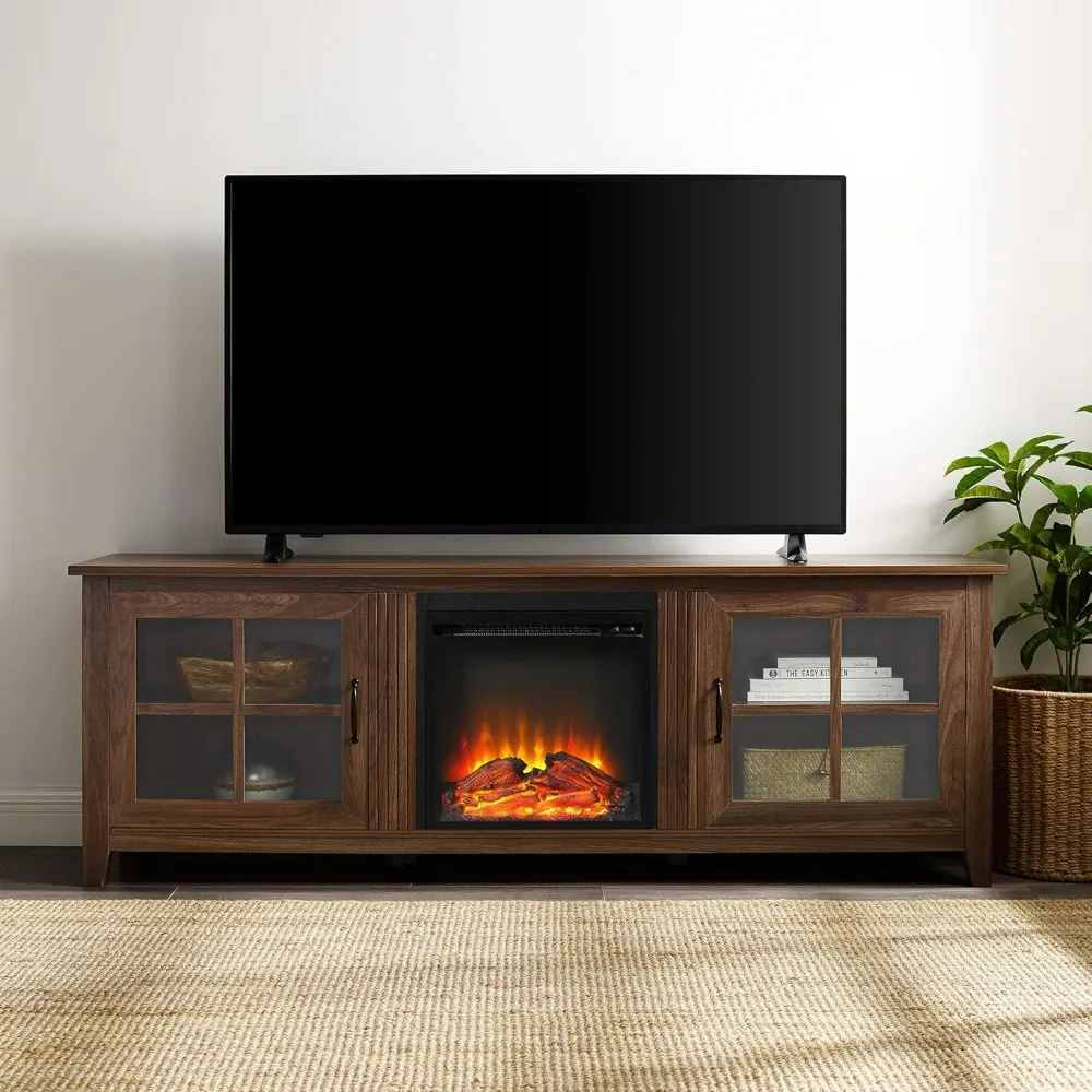 2 Glass Door Fireplace TV Stand for TVs Up To 80 Inches, 70 Inch, Walnut