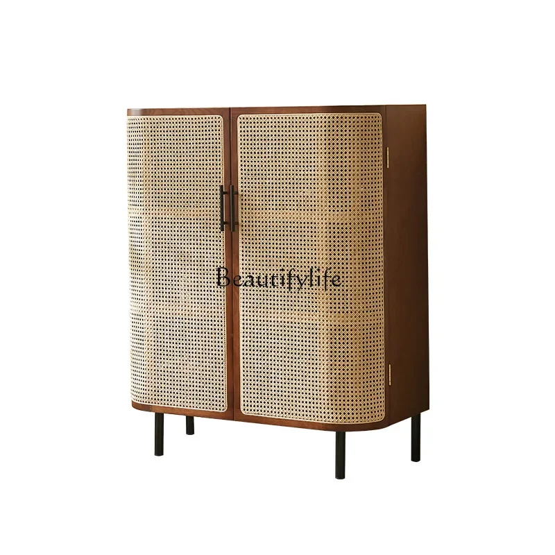 

Nordic solid wood retro rattan dining side cabinet bedroom living room wabi wind storage locker