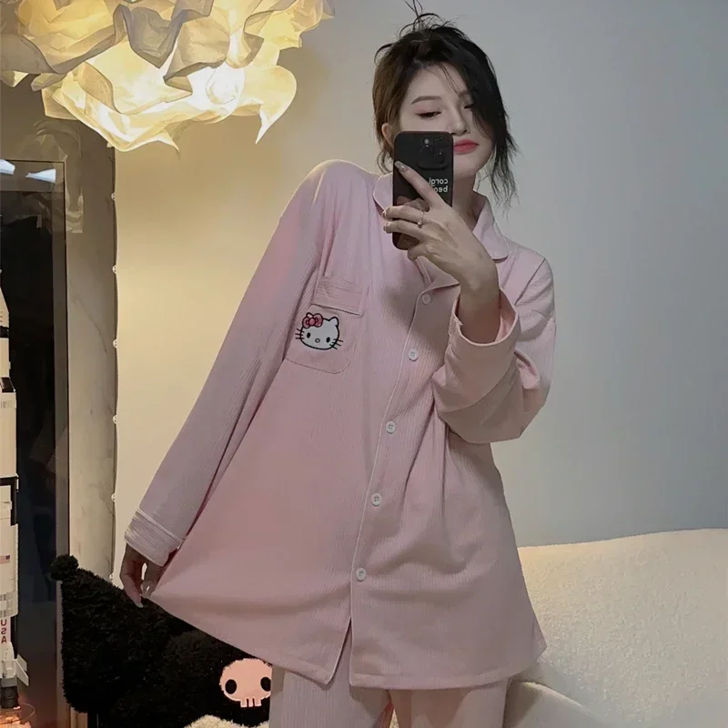 Pijamas de seda Sanrio Hello Kitty para mujer, pantalones de manga larga de algodón puro de otoño, pijamas informales cómodos de dibujos animados