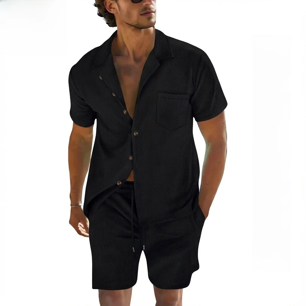 Casual Cuban Collar Short Sleeve Shirt Men's Summer Thin Sportswear Set Polyester Fiber Standard Fit Bright Thread Flocking P...