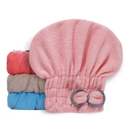 5 Color Coral Fleece Dry Hair Cap Absorbent And Easy To Dry Bow Shower Cap Bathroom Wipe Head Towel Cap Women's Sauna Decoration