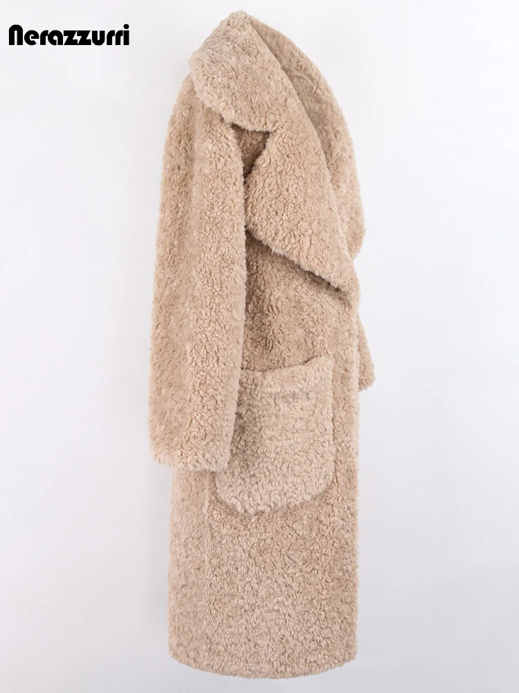 Nerazzurri Winter Long Oversized Thick Warm Fuzzy Fluffy Soft Faux Fur Coat Women Pockets Lapel Luxury Designer Furry Overcoat