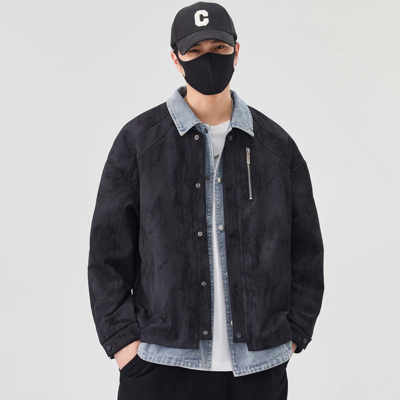 2025 primavera y otoño nueva chaqueta vaquera de dos piezas falsa de color blanco roto chaqueta negra informal versátil de moda para hombres