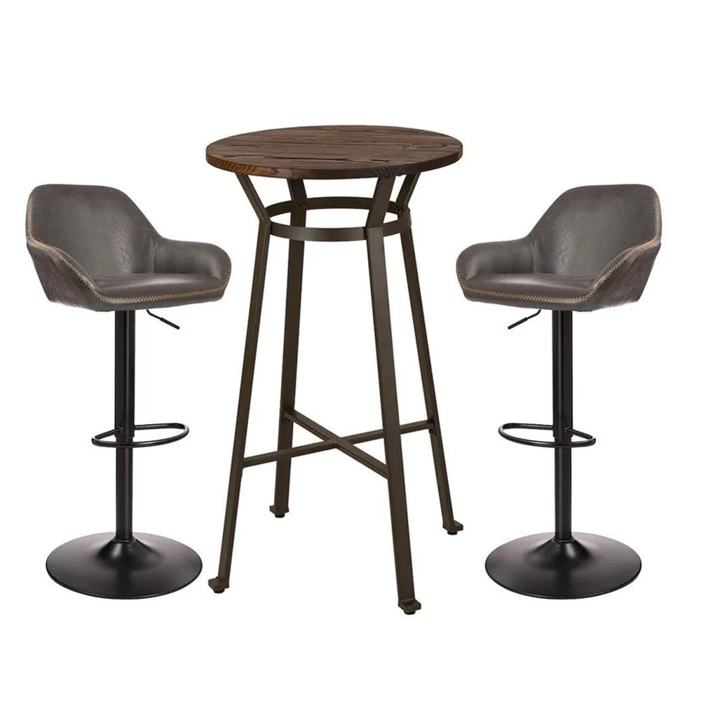 3-Piece Pub Mesa e Cadeiras Set, Round Rustic Bar, mesa de altura superior, giratória ajustável Bar Stools