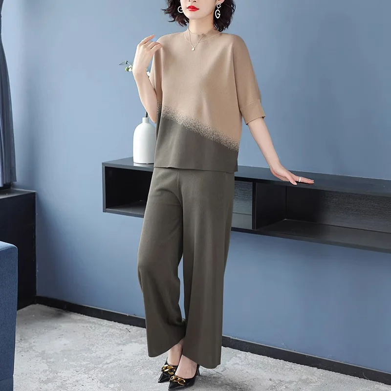 Mom's Spring Knitted Set Female Contrasting color Temperament New Loose Top+Wide leg pants Women's Casual Two-piece Sets