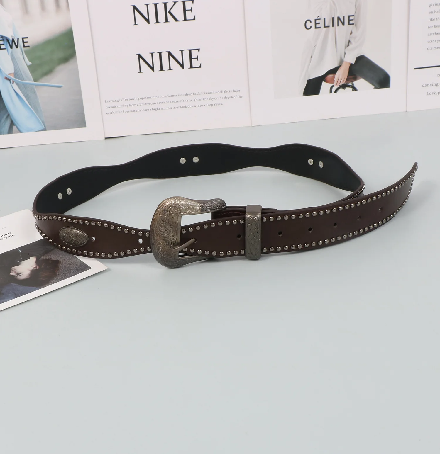 حزام جلد PU بإبزيم معدني على طراز رعاة البقر الغربي للنساء، حزام عريض بإبزيم مزخرف ببرشام عتيق