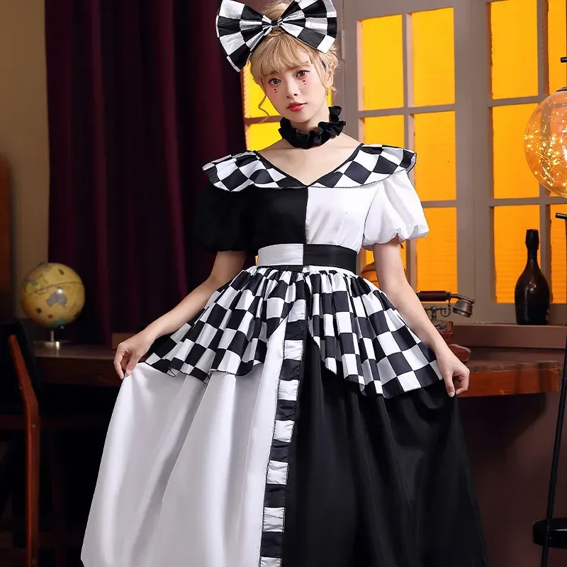 Black White Chessboard Queen Cosplay Costume Queen Dress Checkered Pattern Puff Short Sleeve Big Swing Dress