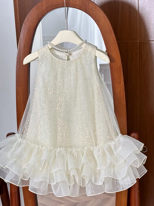 Vestido de Verão para Meninas, Vestido de Princesa com Saia de Camadas, Tecido de Algodão, Sem Mangas, Decote Redondo, Roupas...