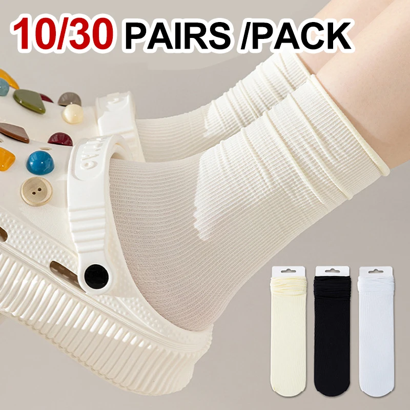10/30 Paar Damen-Socken, einfarbig, runder Ausschnitt, lange Socken, Frühling und Sommer, dünn, schweißabsorbierend, atmungsaktiv, bequem, Ganzjahressocken