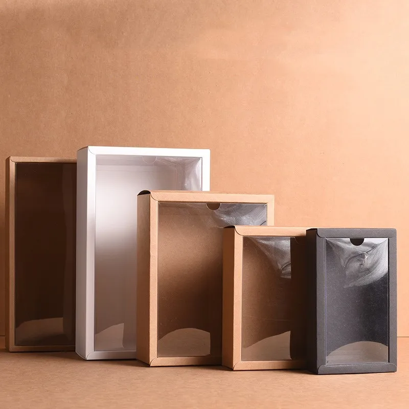 

12pcs Folding Kraft Paper Box with Transparent PVC Window Gift Box Packaging Box candy favors arts&krafts display package box