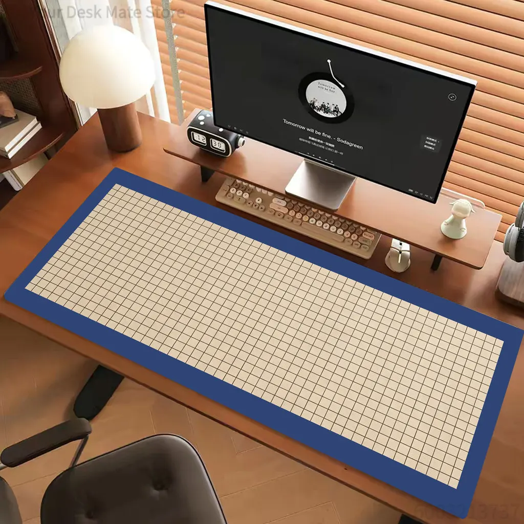 Minimal Grid Pattern Large Desk Mat, Blue Border Gaming Mouse Pad, Non-Slip Rubber Base with Stitched Edge for Office & Gaming